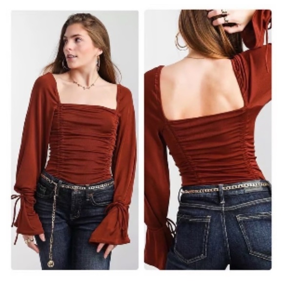 NWT Free People Meant to Be Bodysuit Cherry Chai Ruched Tie Rust Square Fall S - Picture 2 of 12